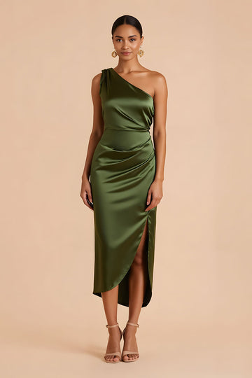 Olive Sheath One Shoulder Midi Bridesmaid Dress with Slit